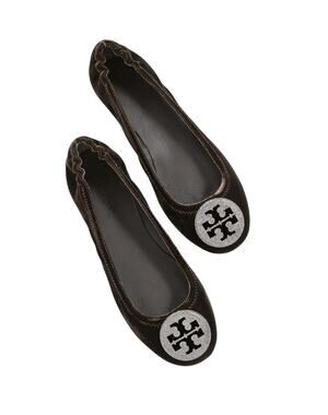 Tory Burch Minnie Crystal Reva Embellished Logo Ballet Flats Size 10 Brown